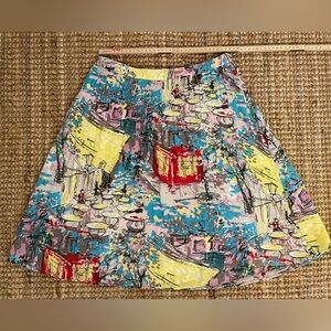 Parisian Cafe Scene Multicolor Cotton A-Line Pleated Cotton Skirt